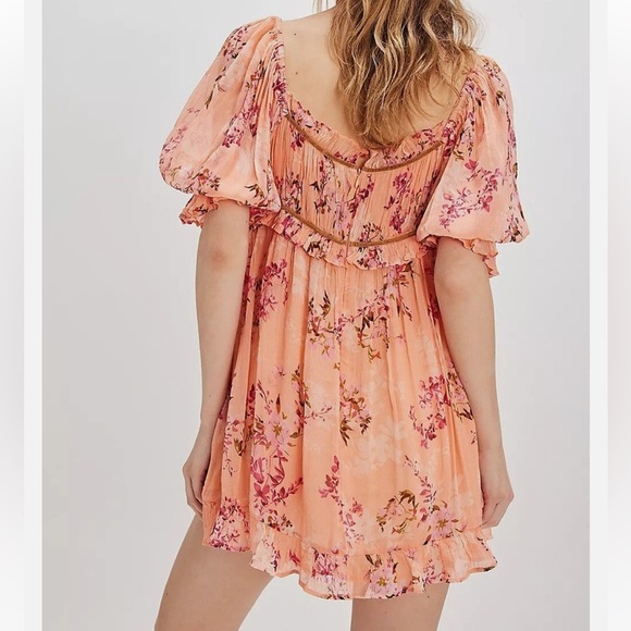 NWOT Free People Marney Mini Dress Floral Printed Puff Sleeve Ribbon Ruffle S - Picture 3 of 8